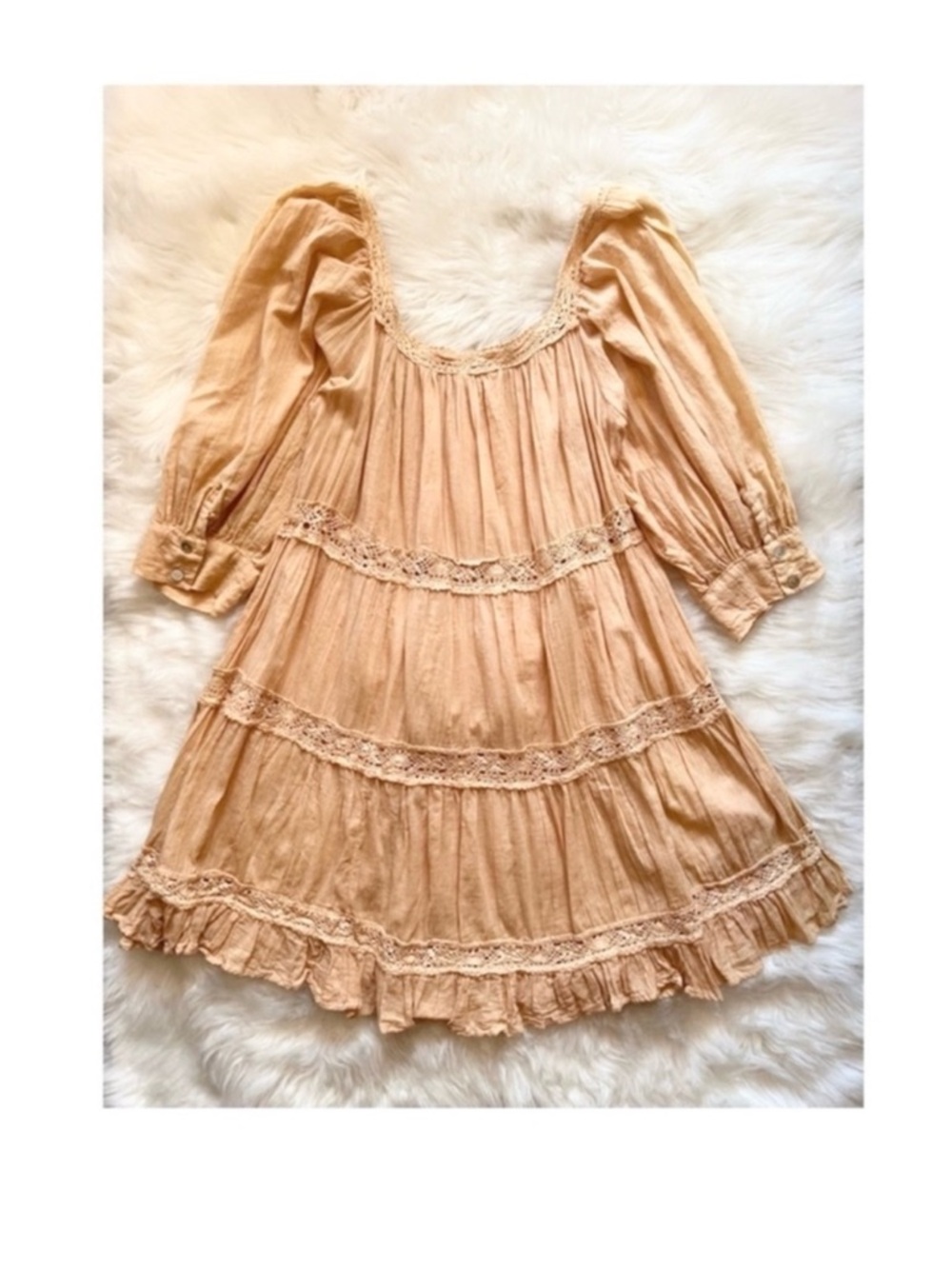 New! JEN'S PIRATE BOOTY Almond Lace Tiered Ruffled Mini Dress in Peachy Tan - Picture 10 of 12